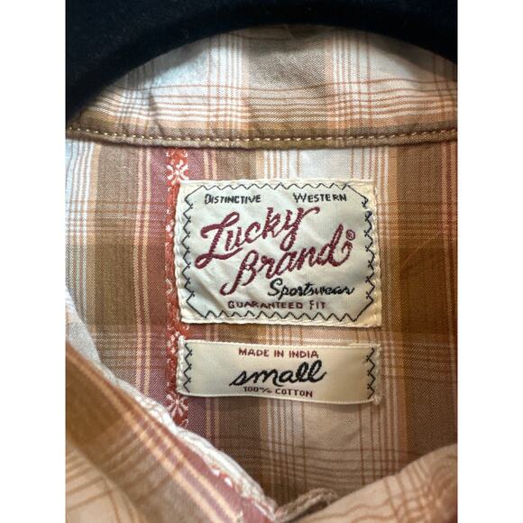 Lucky Brand Distinctive Western Sport Wear Brown and Salmon Plaid Button Down b - Picture 2 of 6